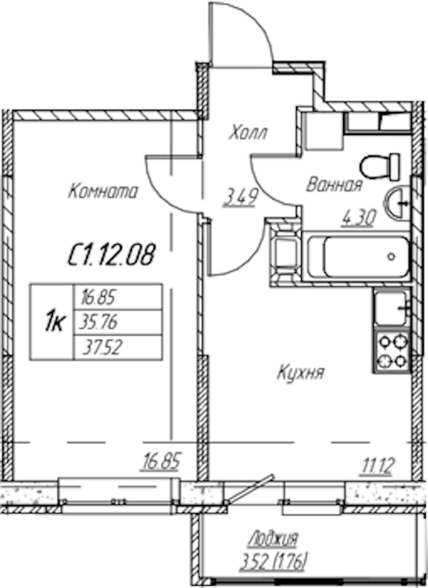 1-комнатная квартира 37.52 м², 12/22 эт., ЖК «Парк-квартал Юнтолово»